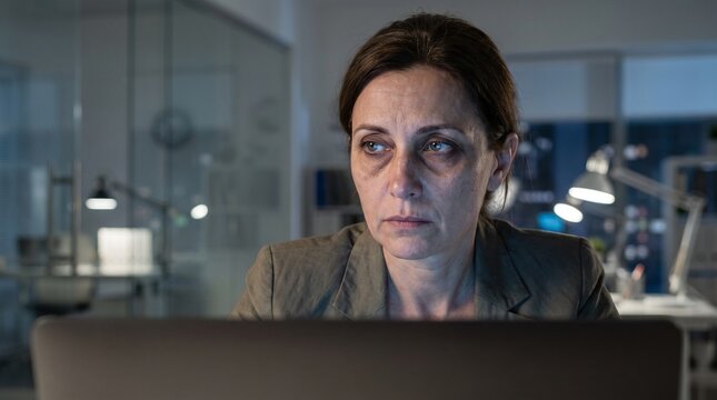 Exhausted businesswoman working late on laptop in dim office, battling fatigue and corporate deadlines, reflecting intense professional demands
