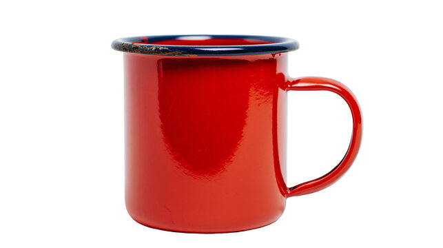 Shiny red enamel camping mug with dark blue rim, isolated on transparent background
