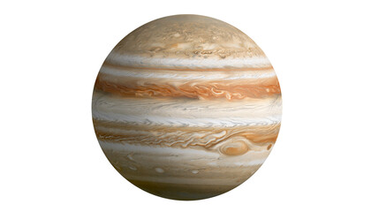 Swirling gas giant planet Jupiter with prominent bands and storms, isolated on transparent background © STUDIOP
