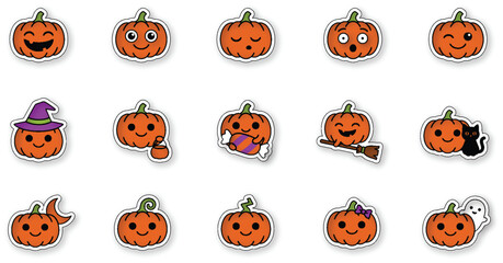 Fototapeta premium Cute Halloween Pumpkin Sticker Set with Jack O Lantern Characters