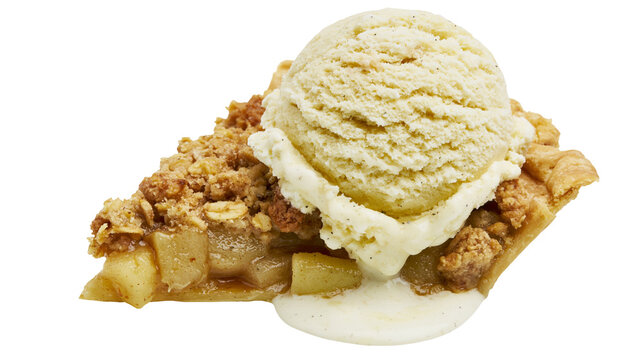 Warm apple crumble pie slice with melting vanilla ice cream scoop, isolated on transparent background