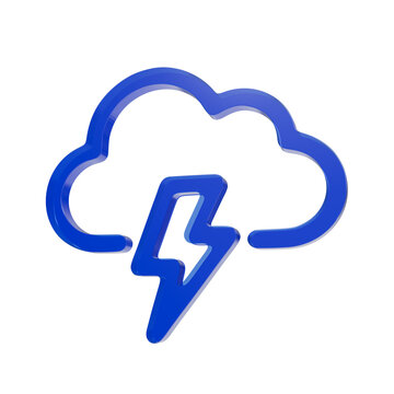 Glossy blue three dimensional thunderstorm icon featuring a weather cloud and sharp lightning bolt design against a plain white background