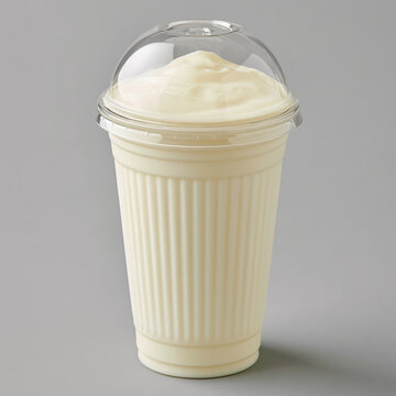 Vanilla milkshake plastic cup takeaway drink cold beverage whipped drink creamy texture dessert dairy refreshment sweet drink vanilla shake clear plastic cup with dome lid grey background