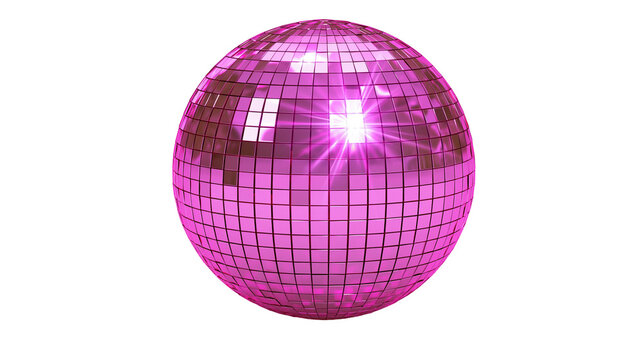Pink disco ball with square mirror tiles, isolated on transparent background