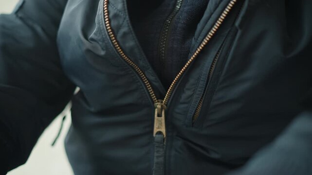 Close up of person wearing dark blue jacket with zipper partially open revealing inner layer. focus remains on texture and details of fabric and brass zipper. Soft lighting highlights