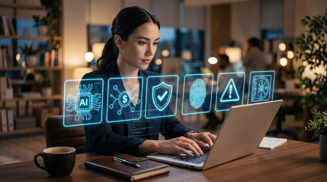 Woman at desk with laptop, augmented reality icons of AI, money, security, fingerprint, warning, and safe, symbolizing digital innovation and security