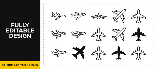 Fototapeta premium flat vector illustration line art icon bundle set design showcasing aviation airplanes flight patterns and global transport symbols for international travel and shipping ui