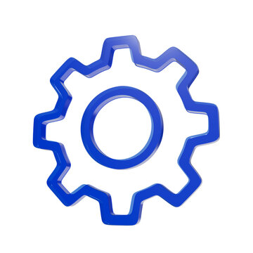 Glossy blue gear icon rendered in three dimensions representing industrial mechanical settings and modern digital software system configuration process concepts clearly
