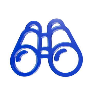 Shiny blue glossy binoculars icon rendered in three dimensions representing exploration and searching for new business opportunities in white space