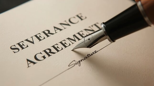 Hand signing a severance agreement document with a fountain pen, representing job termination, legal contracts, and financial settlements