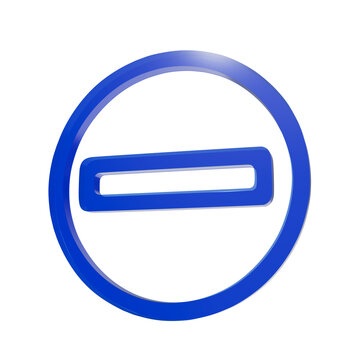 Glossy blue minus sign icon rendered in three dimensional style featuring a bold circular frame isolated on a white background