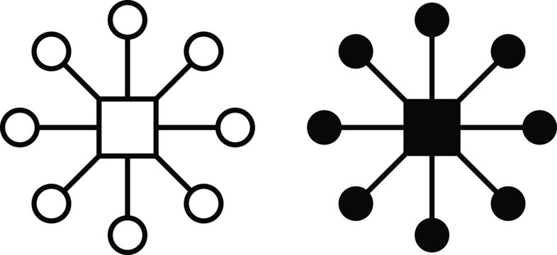 Centralized network node hub vector icon set. Star topology connection and central server distribution symbol. System network architecture and data link