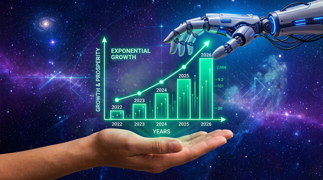 Robotic hand and human palm supporting a growth chart against a cosmic background, symbolizing technological advancement and future prosperity