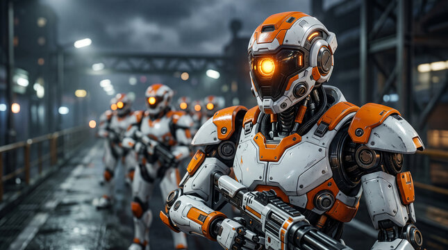 Futuristic robot soldier in orange and white armor, holding a weapon, representing advanced technology and future warfare.