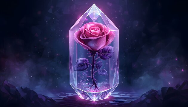 Magical pink rose inside a glowing crystal prism, fantasy floral art on dark background