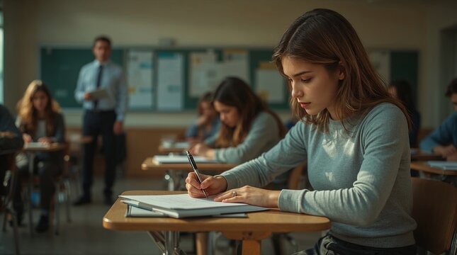 Young woman student focused on answering questions during an important written exam inside a school classroom with a teacher supervising