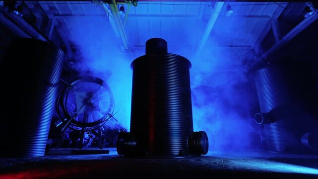 Low-angle industrial interior showing central tall corrugated metal cylinder with flanged pipe outlets at base, flanked by two additional ribbed cylinders and left-side mechanical wheel assembly