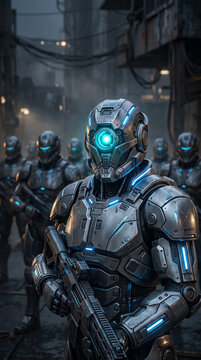 Futuristic soldier in advanced armor with glowing blue accents, holding a weapon, representing sci-fi, combat, and technology, with a group behind, implying military force.