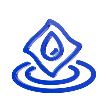 Glossy blue three dimensional location pin icon featuring a liquid water drop shape isolated on a plain white background surface