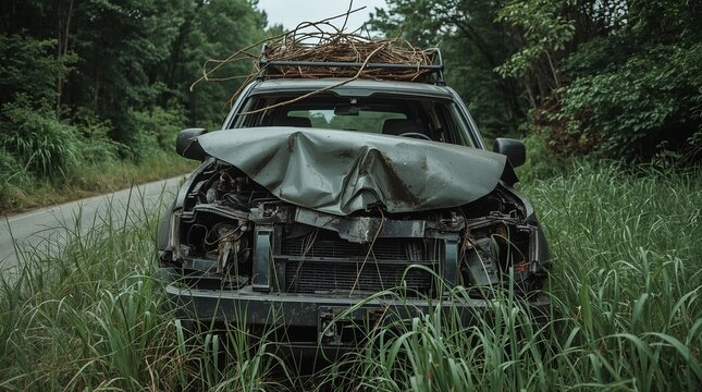 Damaged SUV with a crumpled hood and exposed engine abandoned in tall grass next to a rural road, representing neglect and decay