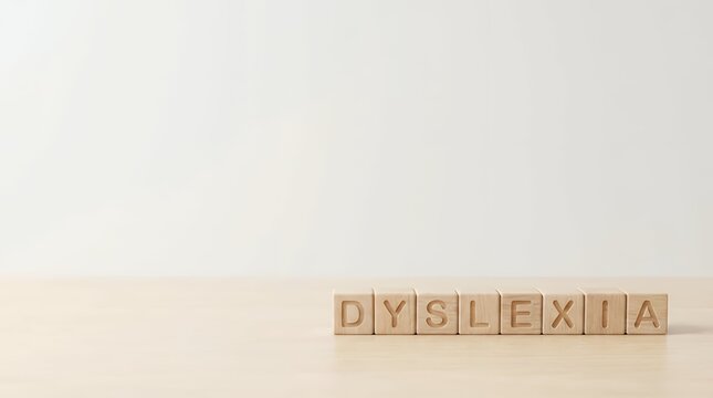 The word "Dyslexia" formed by wooden cubes or blocks representing the learning difference and the importance of awareness and understanding for a mental concept dyslexia word written in wooden cube