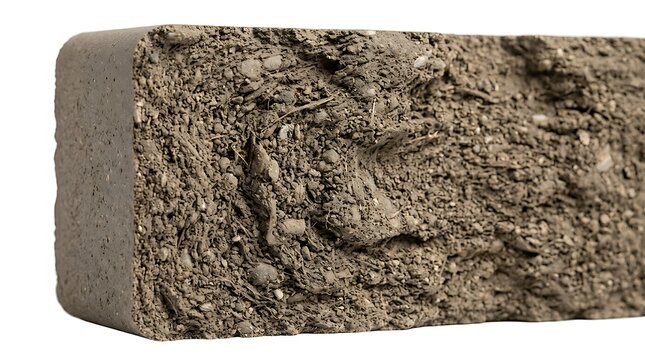 Rectangular block of compressed brown soil and earth, natural clay building material isolated on white background