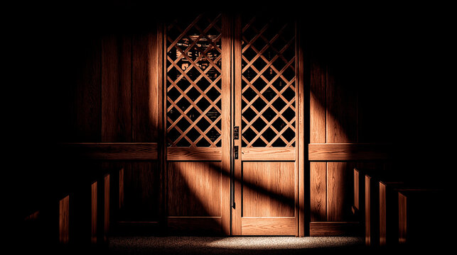 confessional. A vintage wooden confessional booth with light filtering through its lattice grill. event programs, museum guides, designed for cultural heritage projects and event programs.