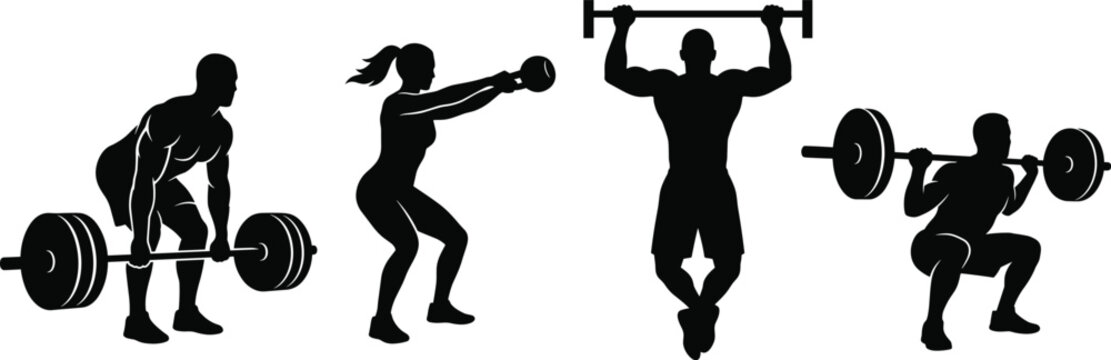Black silhouettes of people performing various fitness exercises, including deadlift, kettlebell swing, pull-up, and barbell back squat, isolated on white background