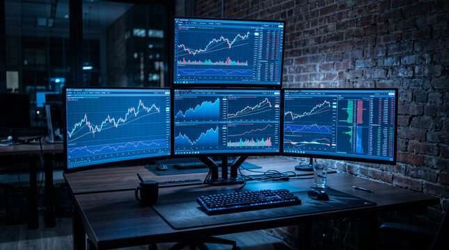 Multiple computer monitors display financial charts and data, representing trading and analysis. Symbolizes investment, technology, and the stock market.