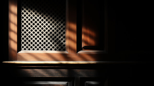 confessional. A vintage wooden confessional booth with light filtering through its lattice grill. event programs, museum guides, designed for cultural heritage projects and event programs.