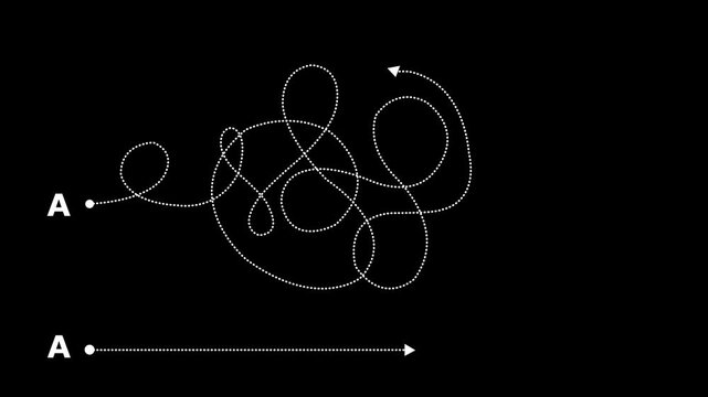 Complex and easy way from point A to B. hand drawn doodle scribble chaos path lines. kids tracing paths. Motion graphics of concept. Animation of 4k video.