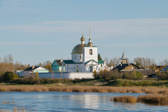 View of the ancient Simansky Spaso-Kazan monastery on October day. Ostrov, Pskov region. Russia