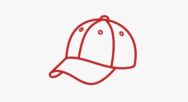 Red baseball cap outline vector illustration featuring a curved brim and paneled crown design. Simple minimalist line art of a sports hat isolated on a light neutral background for apparel branding.