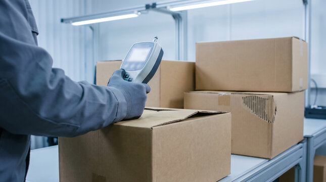 Worker inspecting a stacked corrugated cardboard shipping box with a handheld device at a packaging QC bench