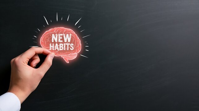 Hand creating glowing brain with new habits text on chalkboard, forming new routines and personal development