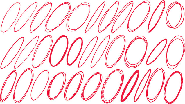 A repeating pattern of hand-drawn red ovals arranged in three rows against a light background, creating a simple yet striking visual texture.