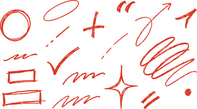 A collection of hand-drawn red marks, including circles, checkmarks, arrows, and squiggles, arranged on a clean background. These symbols suggest correction, emphasis, or simple annotation.