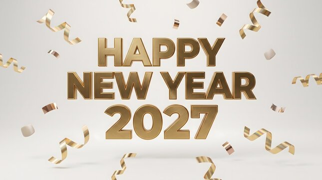 Elegant gold text design wishing everyone a happy new year 2027 with falling confetti on white background