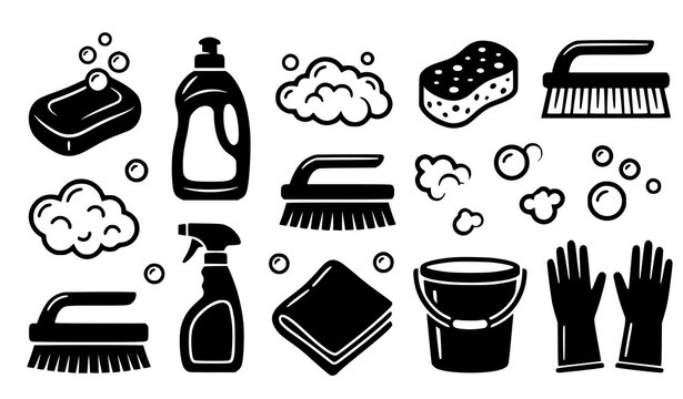 Black and White Soap Detergent Suds and Cleaning Tools Vector Icon Set