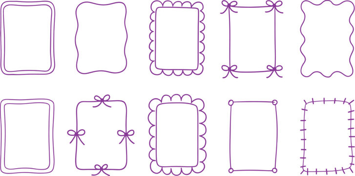 A collection of whimsical, hand-drawn purple frames with playful doodles, scalloped edges, and charming bow accents, perfect for adding a touch of creativity to any design.