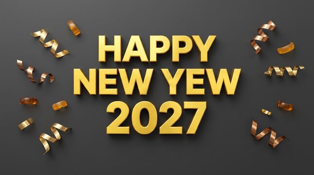 Festive gold 3d lettering celebrating happy new year 2027 with decorative ribbons on a dark black background