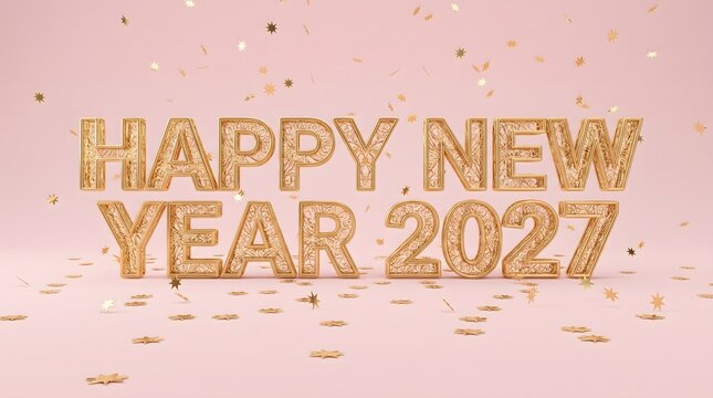 A festive and elegant happy new year 2027 greeting card design featuring golden typography on pink background