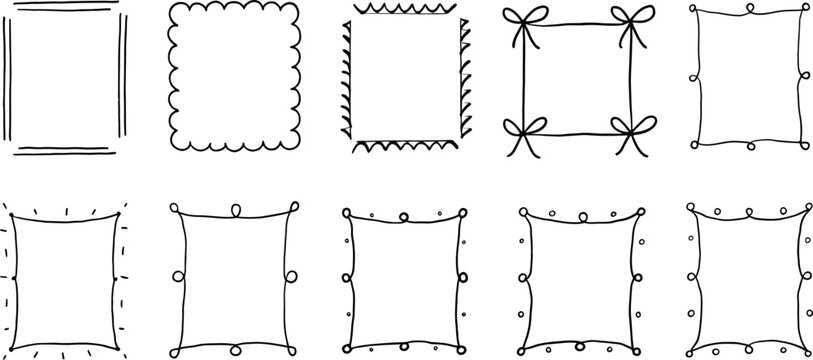 A collection of hand-drawn square frames in various decorative styles, perfect for adding a unique touch to designs.