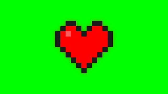 Animation of a retro 8-bit pixel art red heart beating on a green screen. Illustrates love, health, or classic video game lives for digital media.