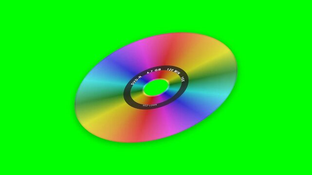 3D animation of a rotating DVD-R disc with rainbow reflections on a green screen. Simulates retro data storage, optical media, and vintage technology concepts.