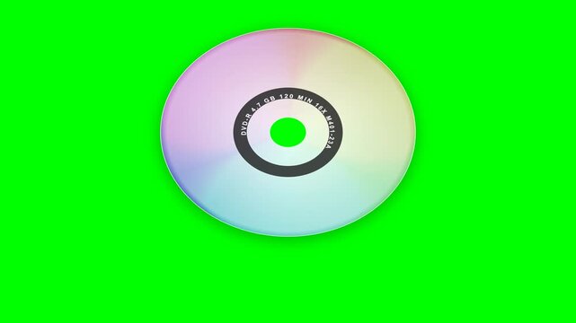 3D animation of a spinning DVD-R disc with holographic reflection on a green screen, viewed from above, simulating retro data storage