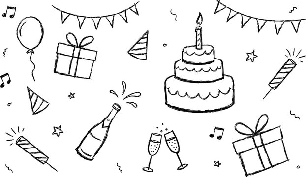 A delightful doodle collection capturing the essence of a festive celebration, featuring a tiered birthday cake, gift boxes, champagne, balloons, party hats, and sparkling fireworks.