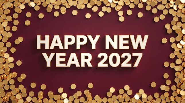 Festive happy new year 2027 greeting card design with elegant gold confetti frame on dark red background