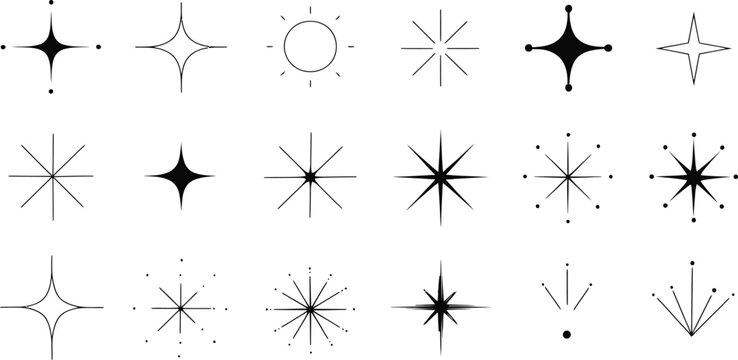 A collection of diverse starburst and sparkle icons, rendered in a clean, graphic style, offering a versatile set of design elements.