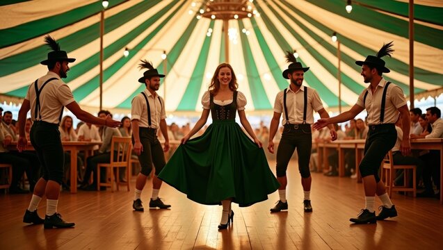 Woman in dirndl and men in lederhosen performing Bavarian folk dance at traditional German festival